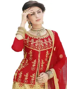 MANVAA Beige & Gold-Toned Embroidered Thread Work Semi-Stitched Lehenga & Unstitched Blouse With Dupatta