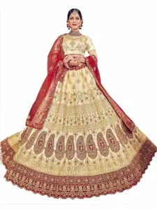 MANVAA Beige & Red Embroidered Thread Work Semi-Stitched Lehenga & Unstitched Blouse With Dupatta