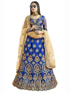 MANVAA Blue & Gold-Toned Embroidered Thread Work Semi-Stitched Lehenga & Unstitched Blouse With Dupatta