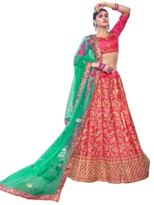 MANVAA Pink & Green Embroidered Thread Work Semi-Stitched Lehenga & Unstitched Blouse With Dupatta
