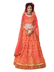 MANVAA Pink & Gold-Toned Embroidered Thread Work Semi-Stitched Lehenga & Unstitched Blouse With Dupatta