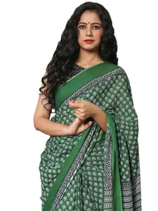 JALTHER Green & White Ethnic Motifs Pure Cotton Block Print Saree