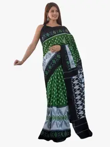 KIAARON Green & White Floral Pure Cotton Block Print Saree