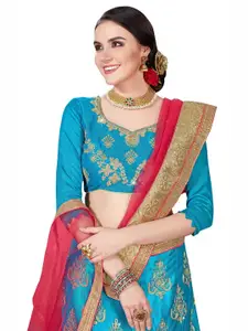 MANVAA Blue & Pink Embroidered Beads and Stones Semi-Stitched Lehenga & Unstitched Blouse With Dupatta