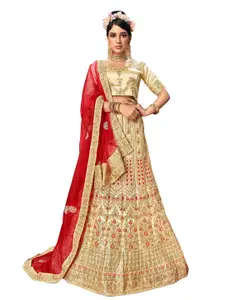 MANVAA Beige & Red Embroidered Thread Work Semi-Stitched Lehenga & Unstitched Blouse With Dupatta