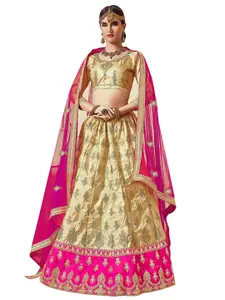 MANVAA Beige & Pink Embroidered Thread Work Semi-Stitched Lehenga & Unstitched Blouse With Dupatta