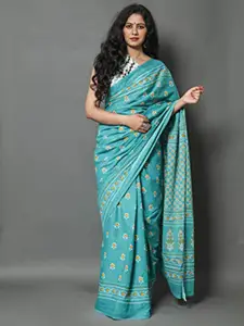 KIAARON Ethnic Motifs Pure Cotton Block Print Saree