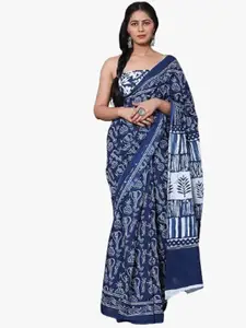 JALTHER Blue & White Ethnic Motifs Pure Cotton Block Print Saree