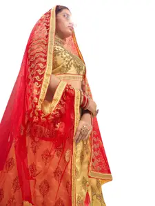 MANVAA Beige & Red Embroidered Thread Work Semi-Stitched Lehenga & Unstitched Blouse With Dupatta
