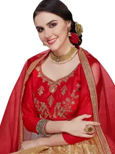 MANVAA Beige & Red Embroidered Beads and Stones Semi-Stitched Lehenga & Unstitched Blouse With Dupatta