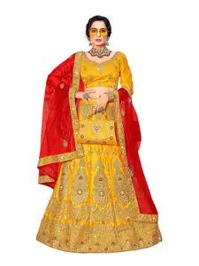 MANVAA Yellow & Red Embroidered Thread Work Semi-Stitched Lehenga & Unstitched Blouse With Dupatta
