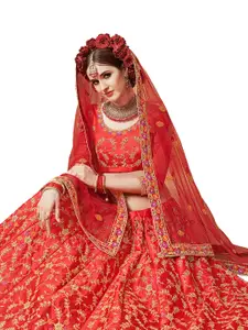 MANVAA Red & Gold-Toned Embroidered Thread Work Semi-Stitched Lehenga & Unstitched Blouse With Dupatta