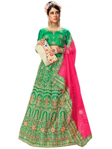 MANVAA Green & Pink Embroidered Thread Work Semi-Stitched Lehenga & Unstitched Blouse With Dupatta