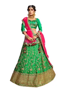 MANVAA Green & Pink Embroidered Thread Work Semi-Stitched Lehenga & Unstitched Blouse With Dupatta