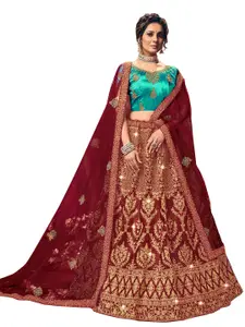 MANVAA Maroon & Gold-Toned Embroidered Thread Work Semi-Stitched Lehenga & Unstitched Blouse With Dupatta