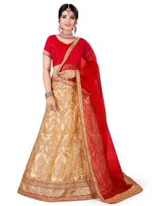 MANVAA Beige & Red Beads and Stones Semi-Stitched Lehenga & Unstitched Blouse With Dupatta