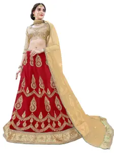 MANVAA Red & Beige Embroidered Beads and Stones Semi-Stitched Lehenga & Unstitched Blouse With Dupatta