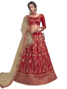 MANVAA Maroon & Gold-Toned Embroidered Thread Work Semi-Stitched Lehenga & Unstitched Blouse With Dupatta