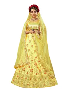 MANVAA Yellow & Gold-Toned Embroidered Thread Work Semi-Stitched Lehenga & Unstitched Blouse With Dupatta
