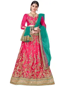 MANVAA Pink & Green Embroidered Beads and Stones Semi-Stitched Lehenga & Unstitched Blouse With Dupatta
