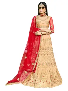 MANVAA Peach-Coloured & Red Embroidered Thread Work Semi-Stitched Lehenga & Unstitched Blouse With Dupatta