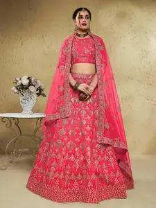 FABPIXEL Peach-Coloured Embroidered Sequinned Semi-Stitched Lehenga & Unstitched Blouse With Dupatta