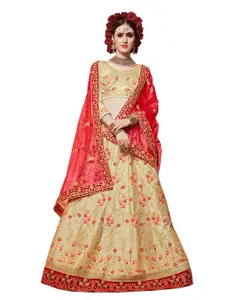 MANVAA Beige & Red Embroidered Thread Work Semi-Stitched Lehenga & Unstitched Blouse With Dupatta