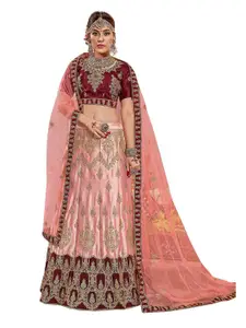 MANVAA Peach-Coloured & Maroon Embroidered Thread Work Semi-Stitched Lehenga & Unstitched Blouse With Dupatta