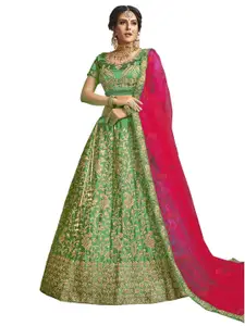 MANVAA Green & Pink Embroidered Thread Work Semi-Stitched Lehenga & Unstitched Blouse With Dupatta