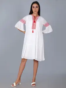 DRIRO Embellished Embroidered Flared Sleeve Crepe Fit & Flare Dress