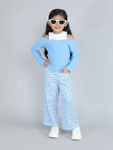taffykids Girls Colourblocked Off- Shoulder Pure Cotton Top With Printed Trousers