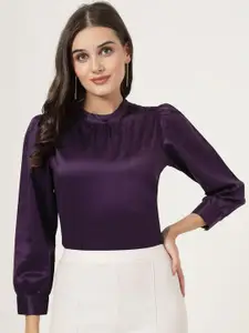 Style Quotient Mandarin Collar Puff Sleeve Satin Top