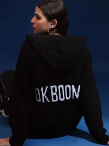 Tokyo Talkies Women Cable Knit Hooded Pullover Sweater