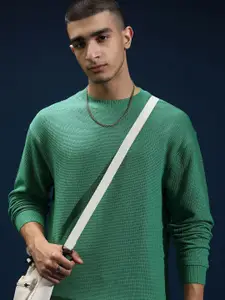 HIGHLANDER Men Round Neck Knitted Textured Relaxed Drop Shoulder Sweatshirt