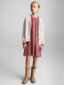 Mango Kids Girls Floral Print Puff Sleeves Pure Cotton Drop-Waist Dress