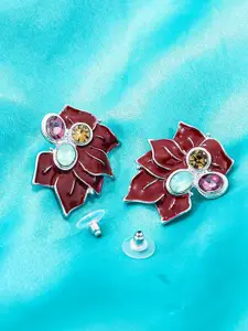 KRENOZ Silver Plated Rhinestone Studded Floral Studs Earrings