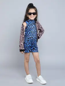 taffykids Girls Printed High Neck Sleeveless Top With Shorts With Jacket