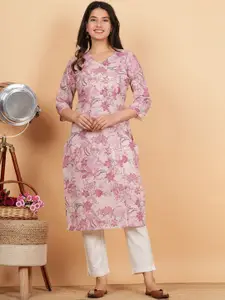 Vbuyz Floral Printed Angrakha Cotton Straight Kurta