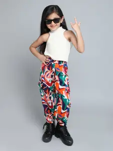 taffykids Girls High Neck Sleeveless Crop Top With Printed Cargo Joggers