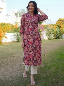 Vbuyz Floral Printed V-Neck Regular Cotton Straight Kurta