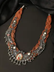 VIVAZS Silver-Plated Oxidised Kundan Studded Antique Design Tasselled Jute Necklace