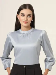 Style Quotient Mandarin Collar Puff Sleeve Satin Top