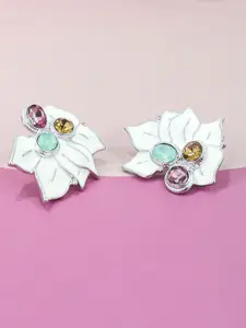 KRENOZ Silver Plated Rhinestone Studded Floral Studs Earrings
