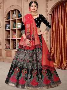 KALINI Embroidered Thread Work Kalamkari Semi-Stitched Lehenga & Unstitched Blouse With Dupatta