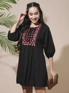 Globus Embroidered Yoke Tie-Up Detailing Bishop Sleeves A-Line Mini Workwear Dress