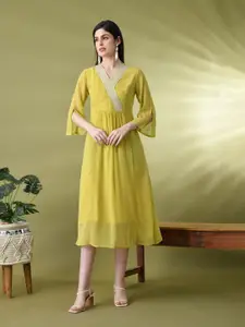 Sangria Embroidered V Neck Three Quarter Sleeve A-Line Dress