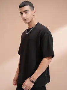 HIGHLANDER Men Round Neck Knitted Textured Dropshoulder Oversized Fit Tshirt