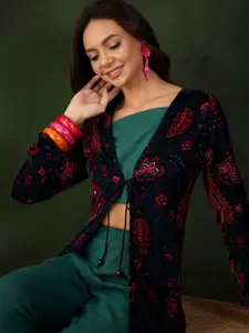 Sangria Printed Long Sleeve Shrug Top & Trouser Co-Ords