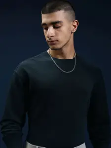 HIGHLANDER Men Round Neck Knitted Textured Relaxed Drop Shoulder Sweatshirt