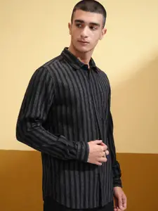 HIGHLANDER Men Chinelle Yarn Textured Striped Slim Fit Casual Shirt